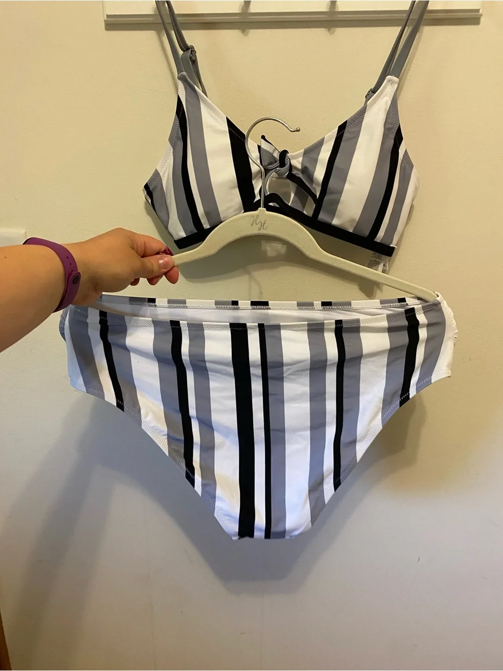 Cupshe XL Striped Tie-Front Bikini Set in White, Black & Gray